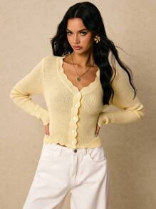 Poéselle Áo len cardigan dệt kim tay dài một hàng khuy cổ chữ V màu trơn dành cho nữ - Màu vàng - Xem 4