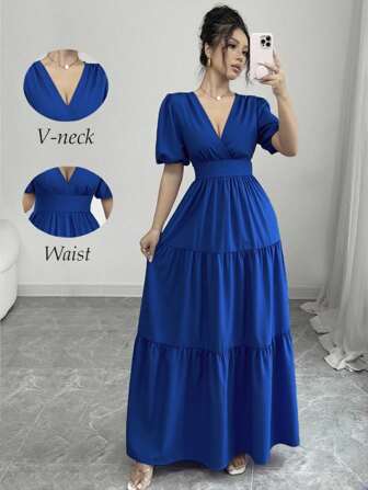 Rafferiza 优雅 V 领收腰褶皱喇叭下摆泡泡袖长裙，紫色，休闲度假装，春夏