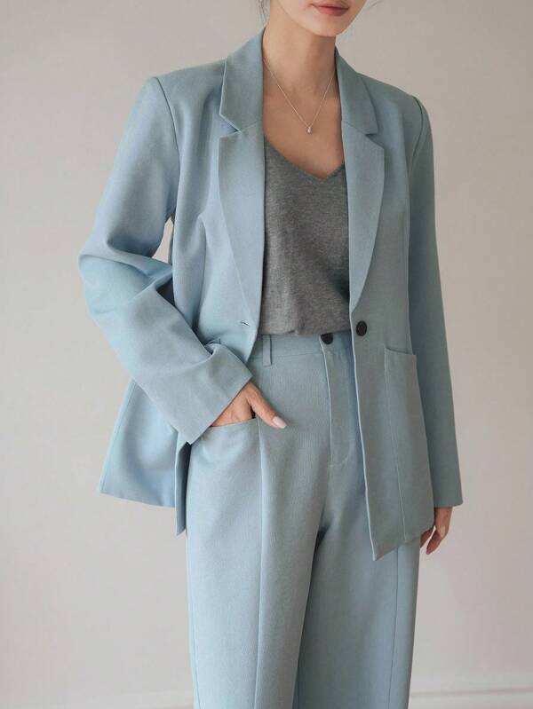 Dazy-Less Conjunto de 2 peças de terno casual de negócios para mulheres, design solto, roupa de escritório/viagem, inclui blazer de cor sólida e calças retas, primavera, verão, outono