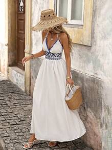 Brillora Women's Summer Embroidered Patchwork Split Hem Dress For Vacation,Beach Outfits For Woman,Vacation,Beach,Vacation Outfits Woman