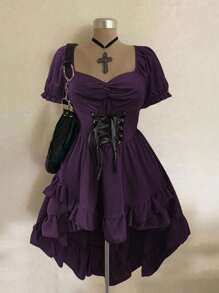 Flirla Fashionable Sleeveless Front Short Rear Long Dress With Metal Eyelets And Draw Cord - Purple - View 1