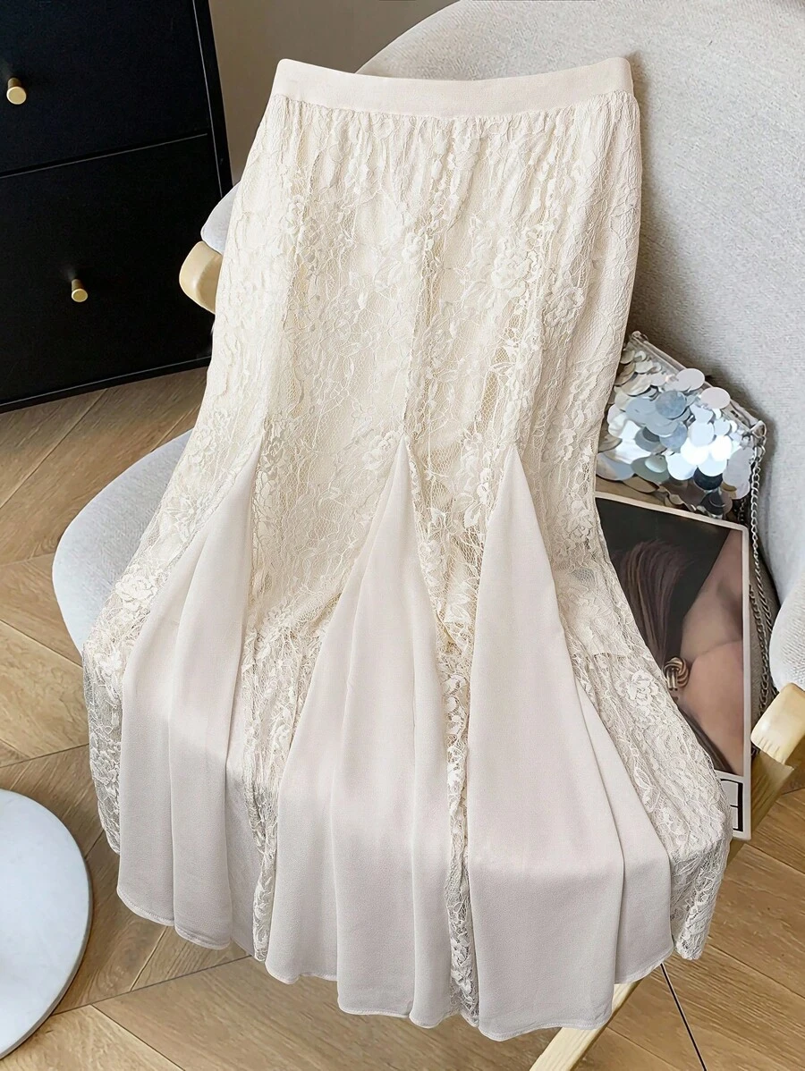 SHEIN Clasi 大码女士优雅纯色蕾丝长裙 女士休闲裙 女士生日裙 女士白色裙子 女士加大码防晒裙 女士夏秋服装 - 杏色 - 查看 1