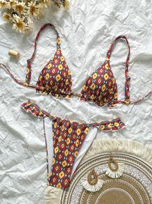 Swim Vcay 女款休閒夏季海灘花卉印花金屬裝飾荷葉邊比基尼上衣與褲泳衣套裝 - 彩色 - 查看 1
