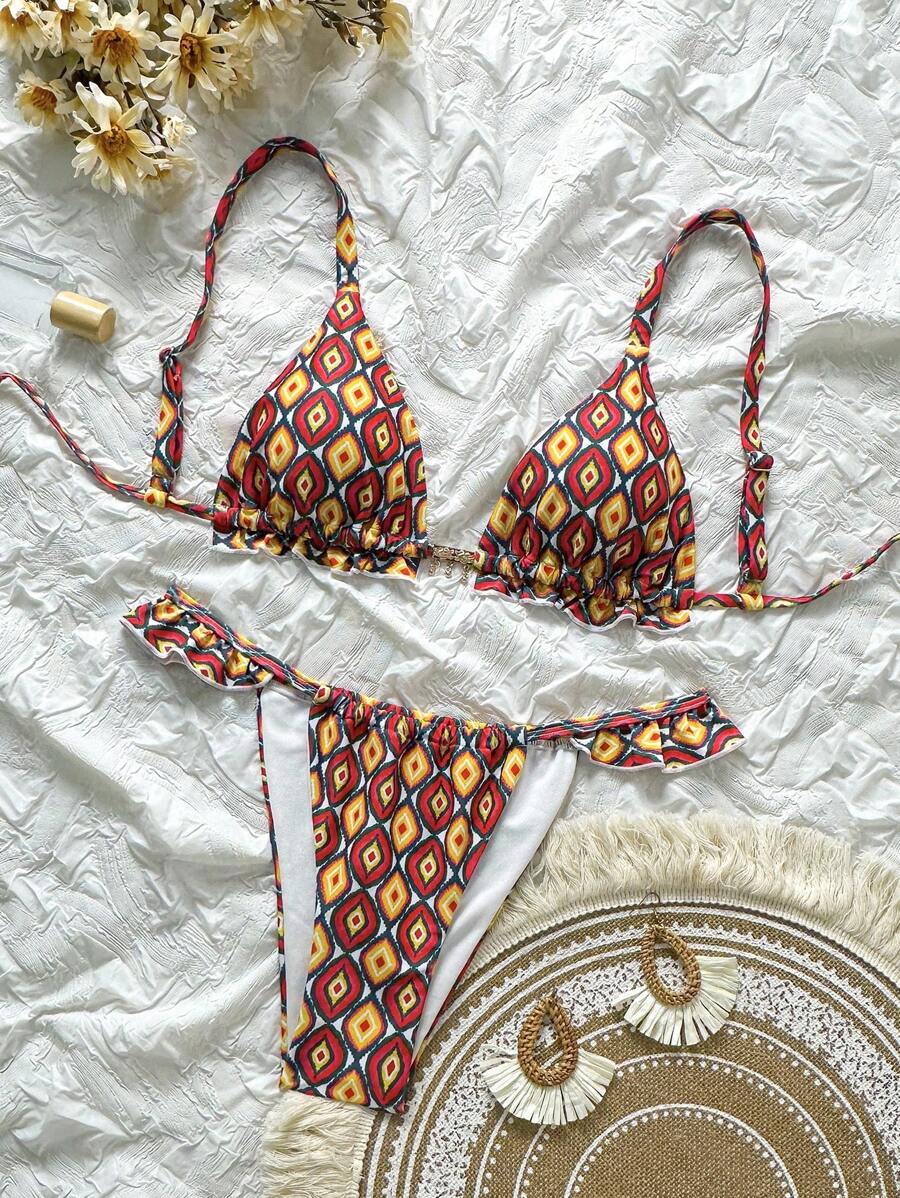 Swim Vcay 女款休閒夏季海灘花卉印花金屬裝飾荷葉邊比基尼上衣與褲泳衣套裝 - 彩色 - 查看 1