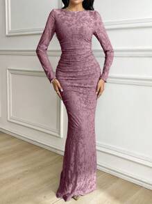 Veilorie Women's Round Neck Long Sleeve Jacquard Ruched Slim Elegant Dress - Purple - View 1