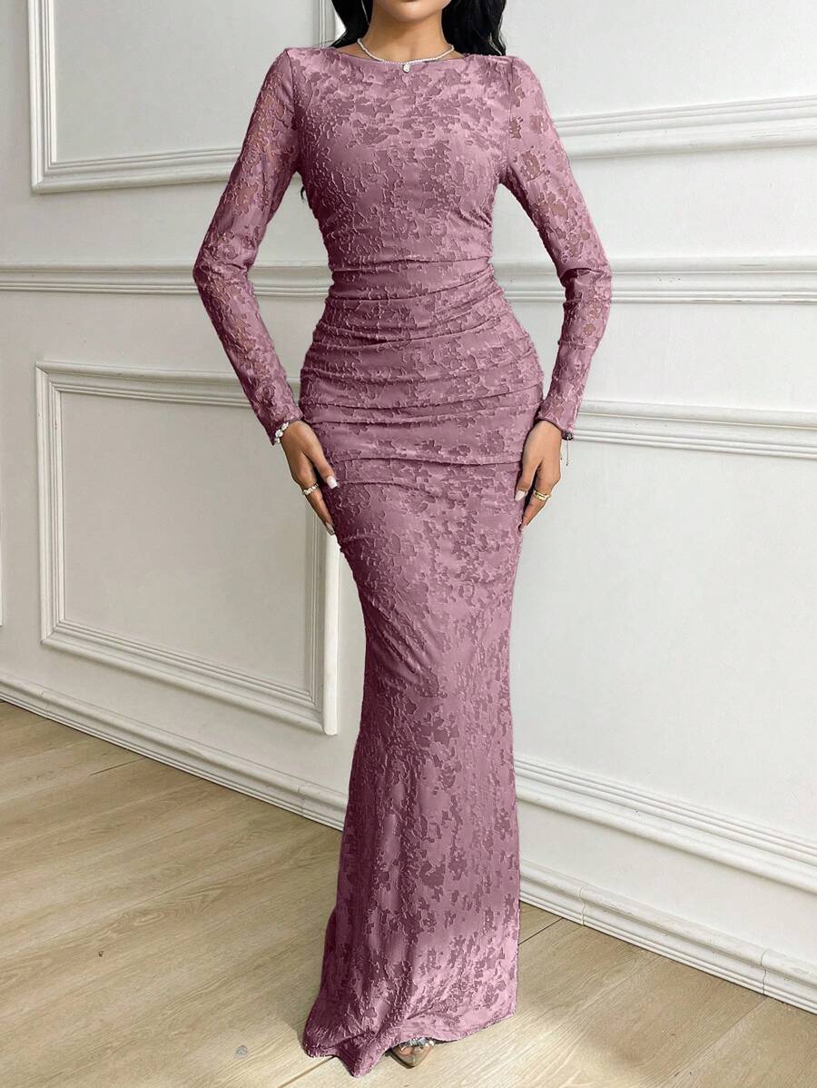 Veilorie Women's Round Neck Long Sleeve Jacquard Ruched Slim Elegant Dress - Purple - View 1