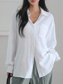 Dazy-Less 女士宽松亚麻蕾丝拼布长袖白衬衫，商务休闲办公室通勤装，春夏秋 - 白色 - 查看 4