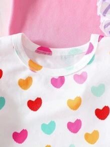 SHEIN Playful Pals Bộ 3 Áo thun cổ tròn in họa tiết sọc trái tim nhiều màu, mềm mại & giản dị, phong cách dễ thương, hàng mới về mùa xuân/hè - Nhiều màu - Xem 5