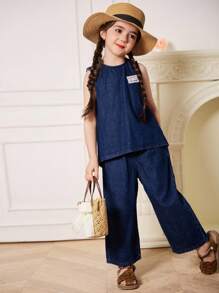 Dazy Kids 女童休闲圆领无袖水洗牛仔衬衫和宽松牛仔裤两件套 - 寶藍色 - 查看 7