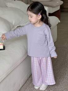 Dazy Kids Baby Girl Casual Knit Round Neck Short Sleeve Top And Plaid Loose Pants, Pajama Set Toddler - Purple - View 9