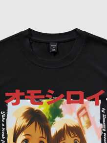 ROMWE MEN Anime Camiseta de manga corta con cuello redondo y estampado de dibujos animados informal para hombres, de verano - Negro - Ver 3