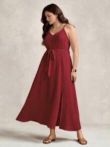 SHEIN LUNE Plus Size Women's Apricot Textured Fabric Side Split Long Dress Comfortable Cotton