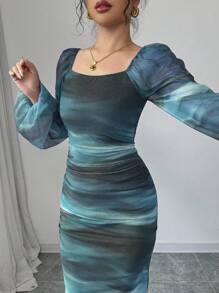 Rafferiza Women's Leopard Print Long Sleeve Mesh Long Dress, Casual Commuter, Graduation Outfit Fall Cloth For Women