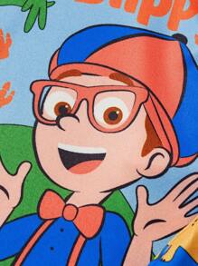 Blippi X SHEIN 2pcs/Set Baby Boy Cartoon Dinosaur Snug Fit Casual Crewneck Top And Full-Print Pattern Leggings Pajamas Outfit, Suitable For Spring, Autumn And Winter Fall - Blue - View 3