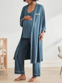 BloomMama 3 Stücke Umstandsmode-Set: Bademantel mit Kontrastbesatz und bestickten Buchstaben und lange Hose für den Hausgebrauch