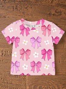SHEIN Bộ quần short bó dệt kim in hoa và nơ cổ tròn cho bé gái sơ sinh, trang phục đi biển mùa hè - Nhiều màu - Xem 6