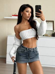 SHEIN EZwear 女士两件套 - 常规抹胸上衣和开衫 - 白色 - 查看 6