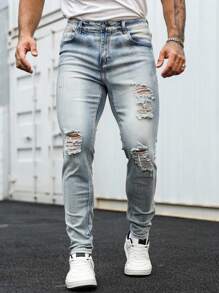 Manfinity LEGND 大码男士休闲时尚街头破洞纽扣牛仔裤 - 淺色水洗藍 - 查看 3