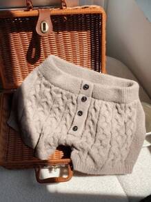 Comfortcana Low Waist Women's Knitted Shorts With Cable Pattern & Button Design - Grey - View 6