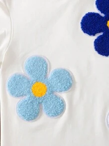 Abito-T-Shirt casual e dolce da bimba, con collo rotondo, colore bianco tinta unita, con ricamo, ampio