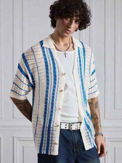 Street Life Cárdigan informal a rayas de manga corta con botones para hombre para vacaciones