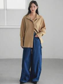 Dazy-Less Women's Loose Business Casual Long Sleeve Cardigan Blouse, Simple Solid Color, For Office Commute, Spring/Summer/Autumn