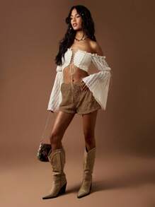 MISSGUIDED Lace Textured High Waist Drawstring Festival Beach Shorts Vintage Hippie Boho Summer Party Casual Leisure Loungewear Holiday Resort - Mocha Brown - View 5