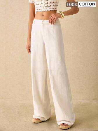 Poéselle 假日休闲简约纯色直筒裤，适合日常穿着、低腰裤、春假、女士度假装、海滩度假装