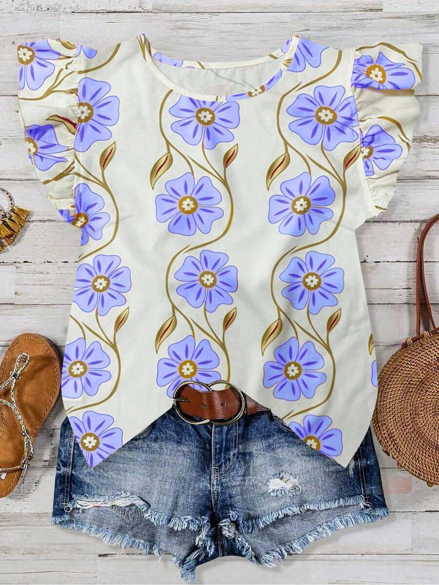 EMERY ROSE Áo cánh tay lửng in hoa màu hồng giản dị bằng vải tre cổ tròn tay lửng cho nữ, mùa xuân/hè - Màu xanh lam - Xem 1