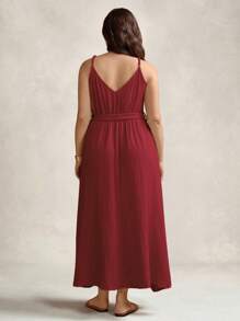 SHEIN LUNE Plus Size Women's Apricot Textured Fabric Side Split Long Dress Comfortable Cotton