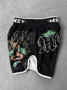 PAVTROS Manfinity Streetrush Men's Money Wealth Portrait Letter Print White Fashion Shorts - Multicolor - View 5