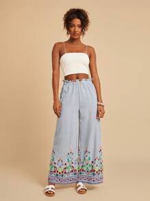 SHEIN VCAY Women'S Striped Pants With Floral Embroidery - Multicolor - View 3
