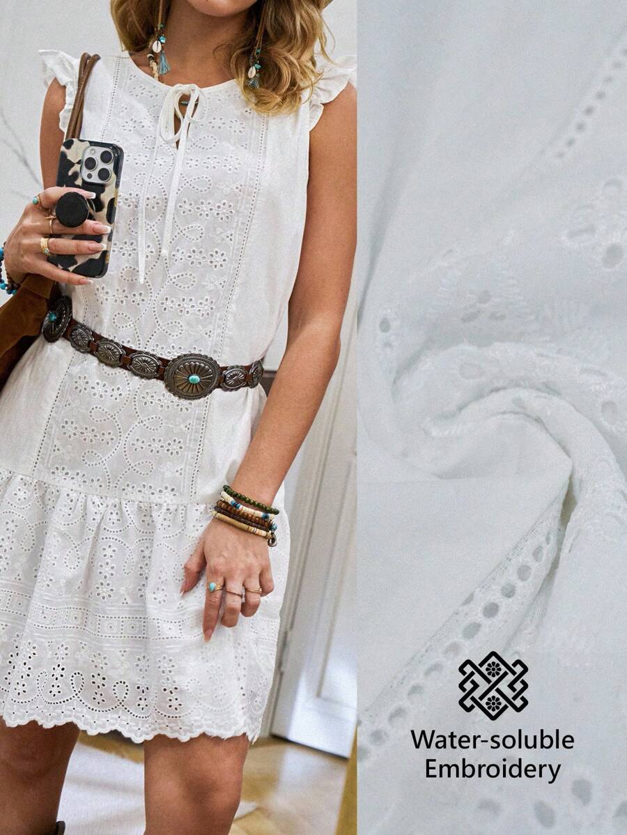 LanaWest Women's Summer White Boho Mini Dress,Round Neck Cutout Ribbon Tassel Frill Trim Embroidered Smocked Waist Loose Casual Vacation Holiday Dress - White - View 1