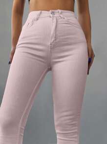 SHEIN Cottnline Solid Color Slim Fit Denim Pants With Slanted Pockets - Beige - View 5