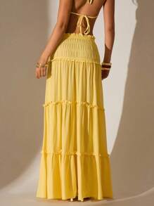 Glamine 褶皱腰带分层蛋糕裙，休闲/度假A字裙 - 黃色 - 查看 2