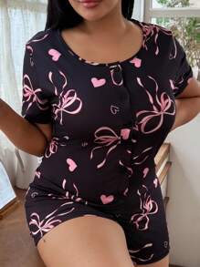 SHEIN Plus Size Bow & Heart Print Fitted Sleep Jumpsuits - Black - View 5