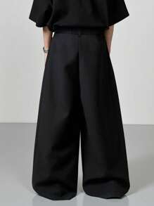 Manfinity Hypemode Quần ống rộng nam vừa vặn thoải mái bằng vải dệt màu đen trơn cho phong cách hiện đại hàng ngày Quần ống rộng Quần đen rộng thùng thình Quần quá khổ Quần ống rộng Quần xếp ly màu đen, Mùa thu - màu đen - Xem 2