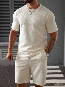 Manfinity Homme Plus Size Men's Solid Color Round Neck Short Sleeve T-Shirt And Shorts Casual Suit - Apricot - View 3