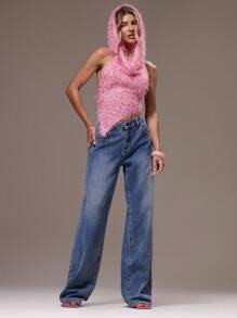 MUSERA Knitted Hooded Racer Asymmetrical Hem Textured Fluffy Top Festival, Concert, Rave, Club, Summer, Sexy Going Out Top  Spring Holiday - Pink - View 3