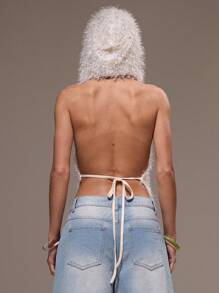 MUSERA Knitted Hooded Racer Asymmetrical Hem Textured Fluffy Top Festival Concert Rave Club Sexy Going Out Tops Club Fall Spring Summer Holiday - White - View 3