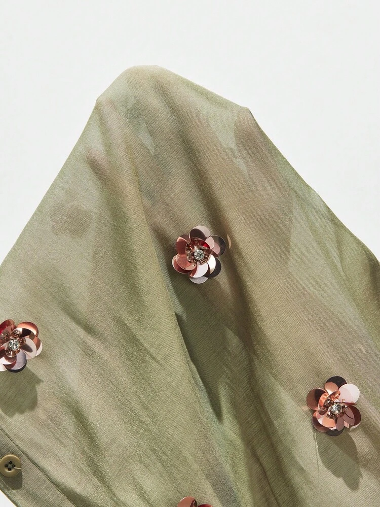SHEIN Maija Damen Strukturiertes Langarm-Hemd mit 3D-Perlen-Blumendekor, Urlaubsstil Business-Lässig Bluse, Büromode Knopfleiste Hemd