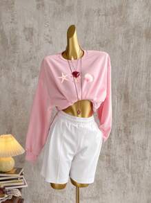 Veykashi 休闲简约度假粉色花卉贝壳印花圆领宽松大码女式运动衫 - 粉色 - 查看 5