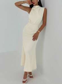 Aloruh Minimalist Apricot Color Sleeveless Fitted Long Dress, Suitable For Office Wear - Apricot - View 4