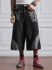 ROMWE MEN Street Life Men's Letter Graphic Pocket Contrast Color Wide Leg Capri Jeans - Black - View 4