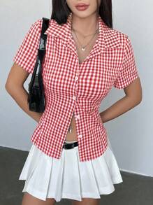 Sweetra 复古港风格子收腰百搭休闲polo领女短袖衬衫，春夏 - 紅白色 - 查看 3