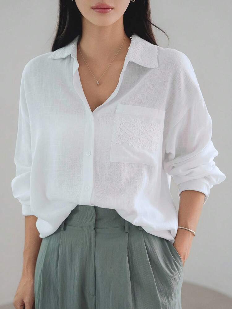 Women's Loose Linen Lace Patchwork Long Sleeve White Shirt, Business Casual Office Commuter Wear, Spring, Summer, Autumn