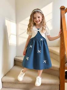 Genkimix Kids Girls Summer New Minimalist Spaghetti Strap Bow Embellished Overall Dress With Ruffle Sleeve Top, Vintage Elegant Cute Dress 2pc Set Girls Bow Print Short Sleeve Top And Dress Set Girls Blue Dress With White Bows Girls Casual Dress Girls Summer Dress Back To School Clothes
