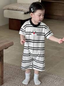 Dazy Kids Baby Girl Cartoon & Stripe Print Round Neck One-Piece Jumpsuit, Casual - White - View 6