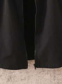 SHEIN 青少年女孩休闲简约舒适连帽中长抽绳夹克，秋冬 - 黑色 - 查看 5