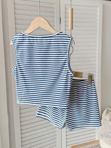 SHEIN 青少年女孩宽松休闲简约舒适圆领无袖条纹背心和短裤套装 - 藍色 - 查看 2